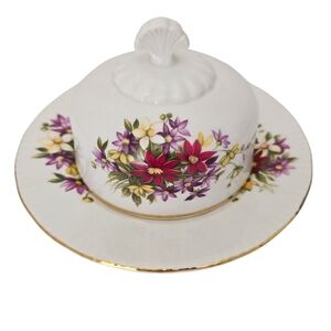 Paragon Bone China White Purple Flower Festival Floral Covered Butter Dish Plate